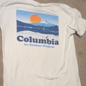 Columbia White Tee with Blue and Orange Sunset Graphic